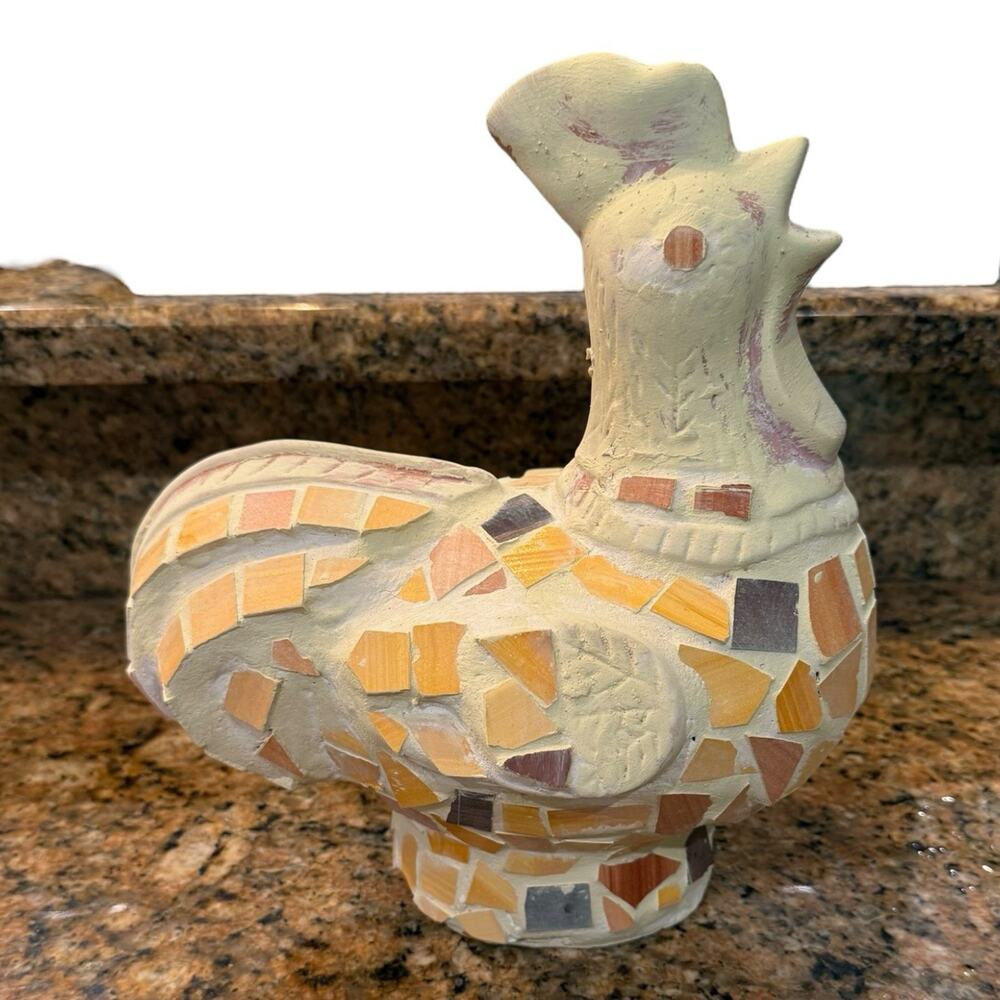 Vintage‎ Folk Art Mosaic Tile Rooster Statue Figurine Yellow Orange Cream